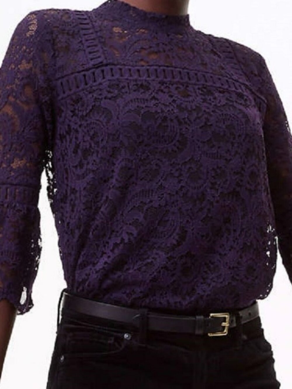Loft Scroll Bohemian Chic Lace Witchy Whimsigoth Mock neck top 3/4 bell sleeves.